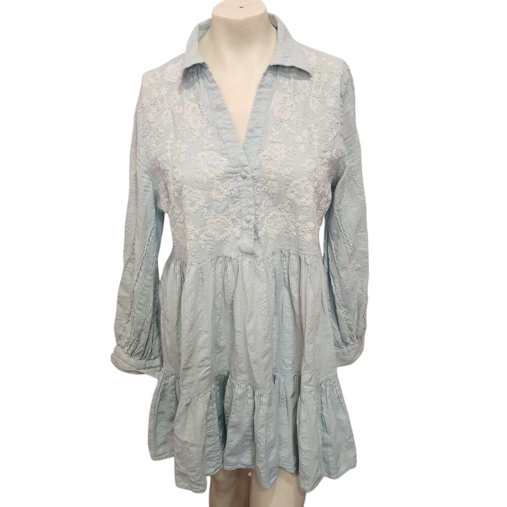 Zara Blue Embroidered Tiered Mini Dress XL Long Sleeve Boho Cottagecore